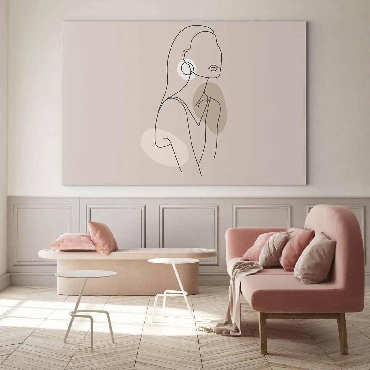Tablou pe sticlă - O siluetă minimalistă a unei femei pe un fundal bej - 70x50cm - Icoana fecioarei - Decorațiune modernă pentru perete pentru living și dormitor ARTTOR
