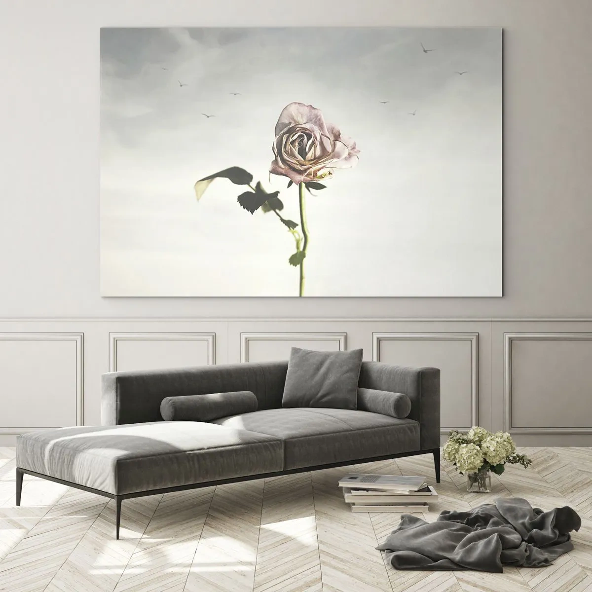 Tablou pe sticlă - Un trandafir delicat pe cer cu păsări în zbor - 70x50cm - Primăvara binevenită - Decorațiune modernă pentru perete pentru living și dormitor ARTTOR