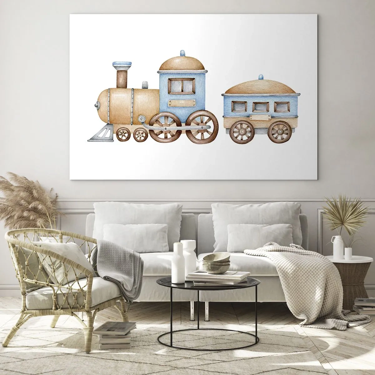 Tablou pe sticlă - Ilustrație a unui tren cu aburi în nuanțe de albastru și bej pe fundal alb - 70x50cm - Trenulețul din copilărie - Decorațiune modernă pentru perete pentru living și dormitor ARTTOR