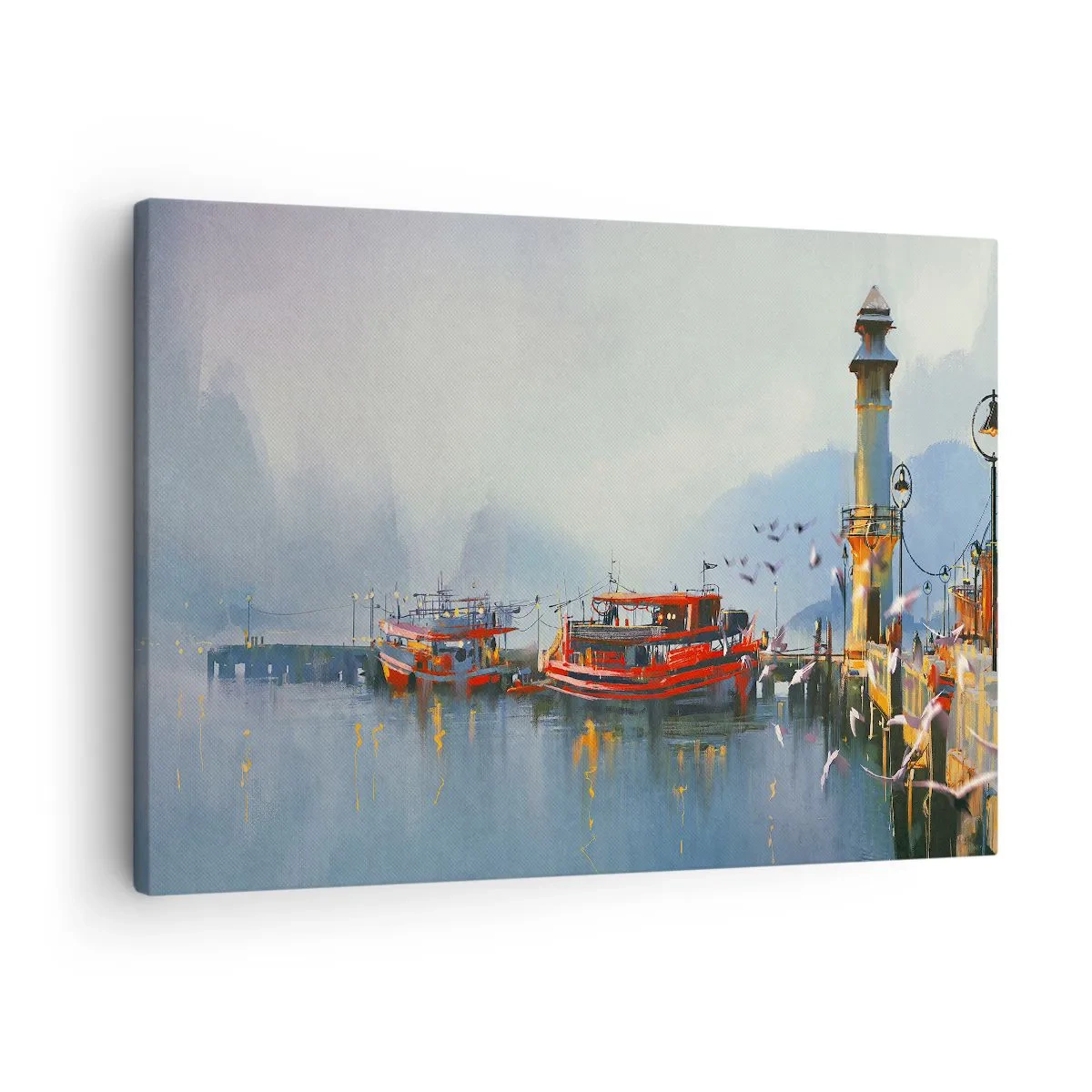 Tablou pe pânză Canvas - Un port cu bărci roșii înconjurat de un peisaj cețos - 70x50cm - La capătul lumii - Decorațiune modernă pentru perete pentru living și dormitor ARTTOR