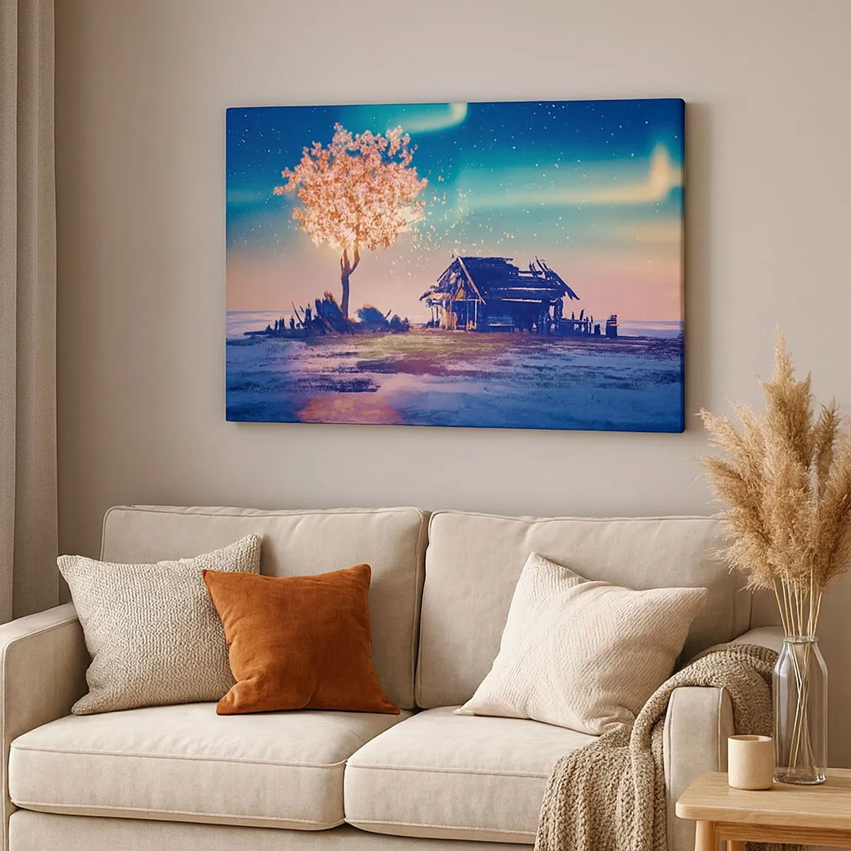 Tablou pe pânză Canvas - O casă și un copac înflorit sub cerul nopții - 70x50cm - Natura nu trece - Decorațiune modernă pentru perete pentru living și dormitor ARTTOR