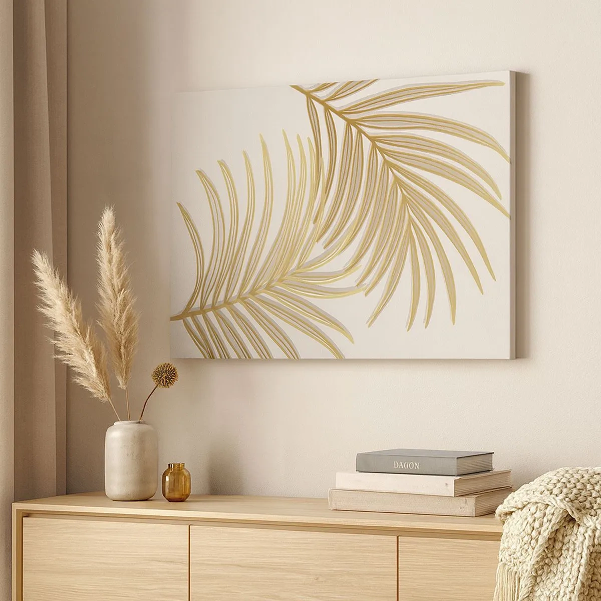 Tablou pe pânză Canvas - Frunze de palmier aurii pe un fundal deschis, într-un stil minimalist - 70x50cm - Palmier de aur! - Decorațiune modernă pentru perete pentru living și dormitor ARTTOR