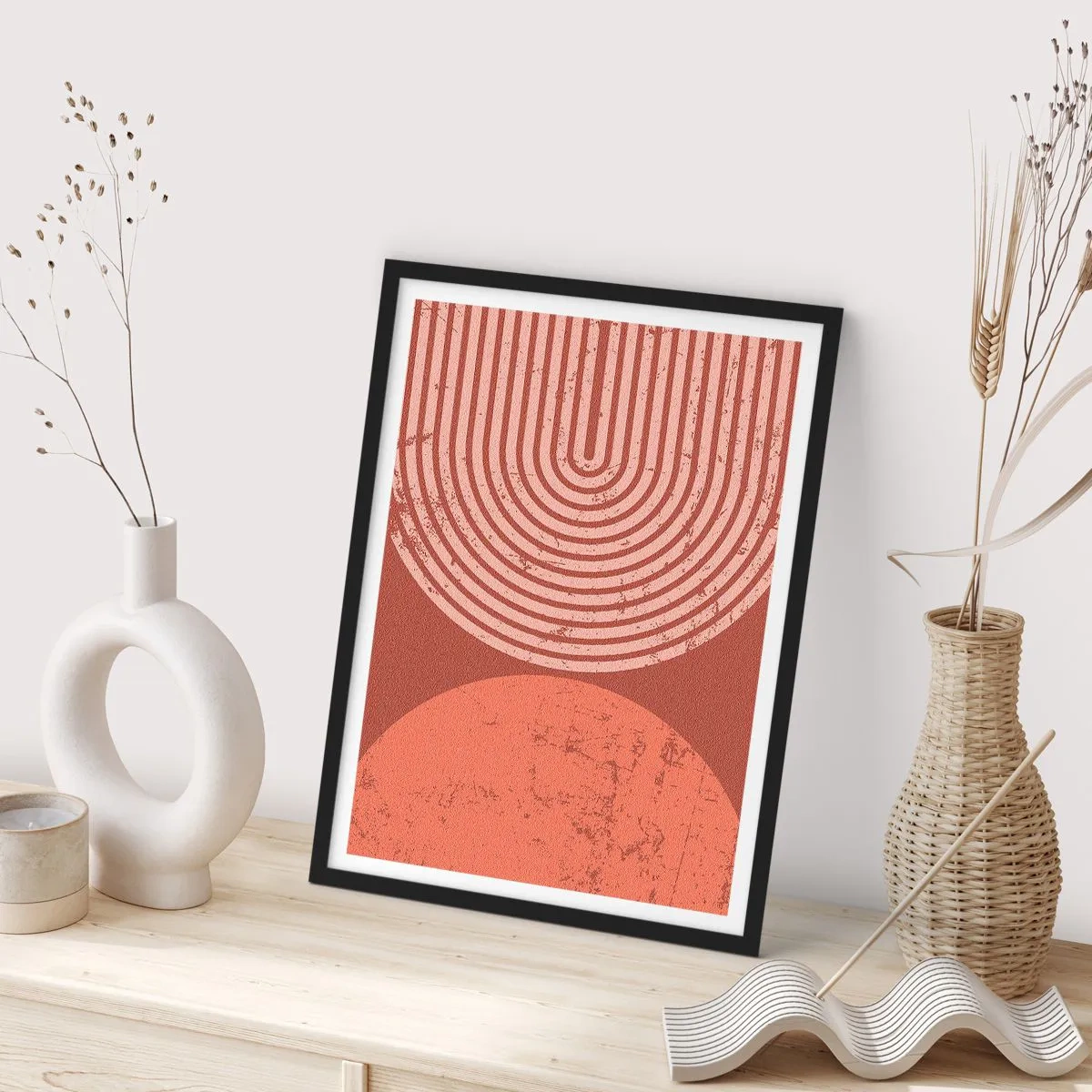 Poster în ramă neagră - Abstracție geometrică în nuanțe de teracotă cu efect vintage - 50x70cm - Relație strânsă - Decorațiune modernă pentru perete pentru living și dormitor ARTTOR