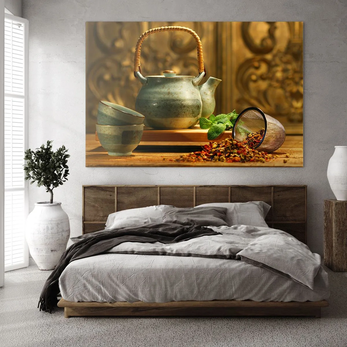 Tablou pe sticlă - Set de ceai din ceramică cu ierburi într-un decor clasic - 70x50cm - Un tratat despre consumul de ceai - Decorațiune modernă pentru perete pentru living și dormitor ARTTOR