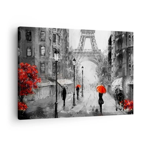 Tablou pe pânză Canvas - O stradă cu vedere la Turnul Eiffel și umbrele roșii - 70x50cm - Toate drumurile duc la el - Decorațiune modernă pentru perete pentru living și dormitor ARTTOR