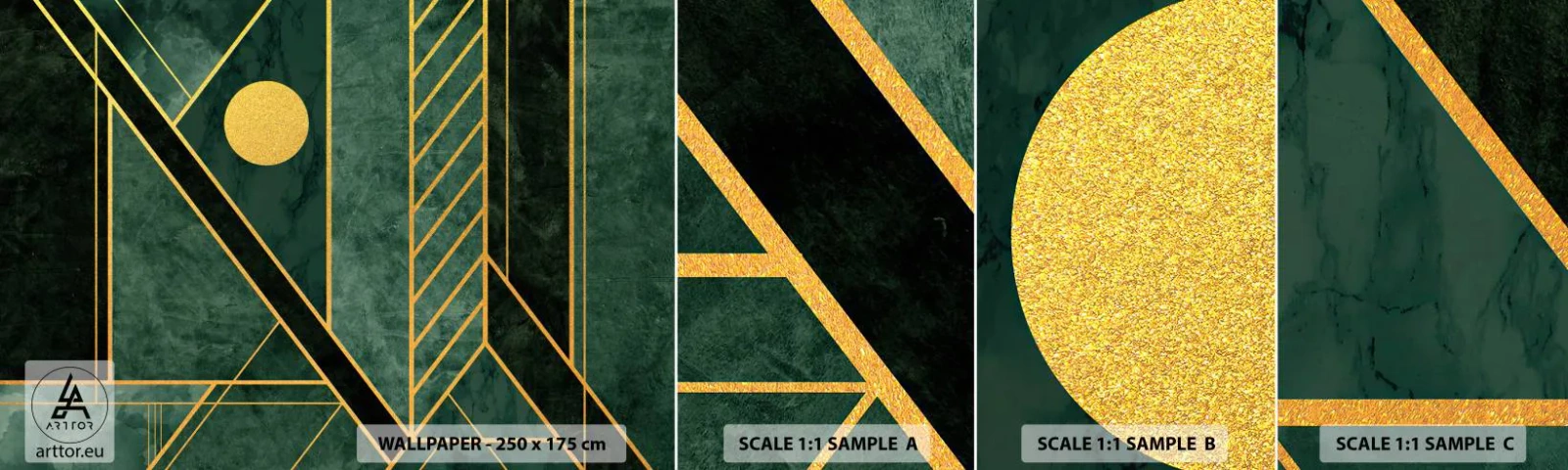 Mostră tapet autocolant Deluxe Sticker - Dinamica aurului și a azurului - Abstracția, Bucată, Model geometric - 100x30 cm