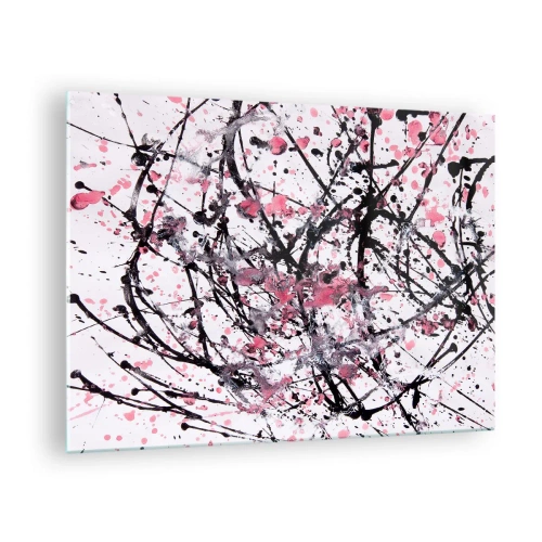 Tablou pe sticlă - Linii abstracte dinamice și pete roz pe fundal alb - 70x50cm - Natura trecătoare a vieții - Decorațiune modernă pentru perete pentru living și dormitor ARTTOR