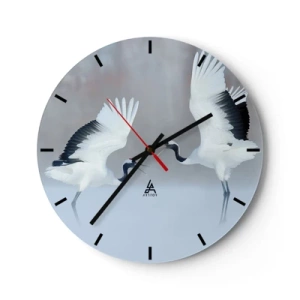 Ceas de perete - Ceas pe sticlă - Două cocori dansând într-un peisaj de iarnă - 30x30cm - Dansând în ceață - Decorațiune modernă pentru perete pentru living, bucătărie și dormitor ARTTOR