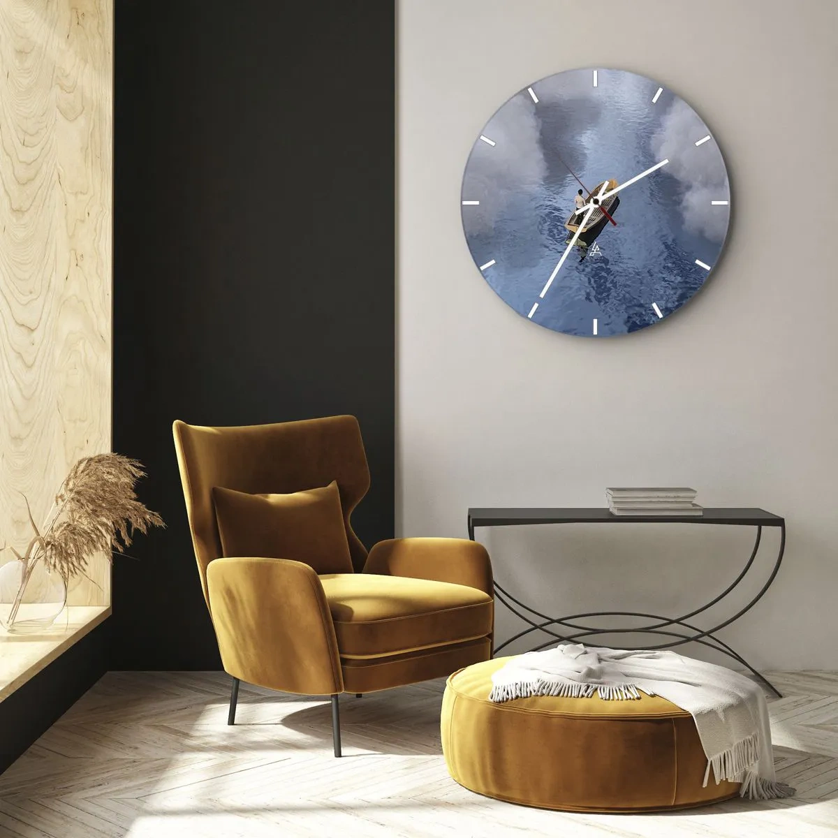 Ceas de perete - Ceas pe sticlă - O figură într-o barcă plutind pe apă calmă printre nori - 30x30cm - Viață - călătorie - necunoscut - Decorațiune modernă pentru perete pentru living, bucătărie și dormitor ARTTOR