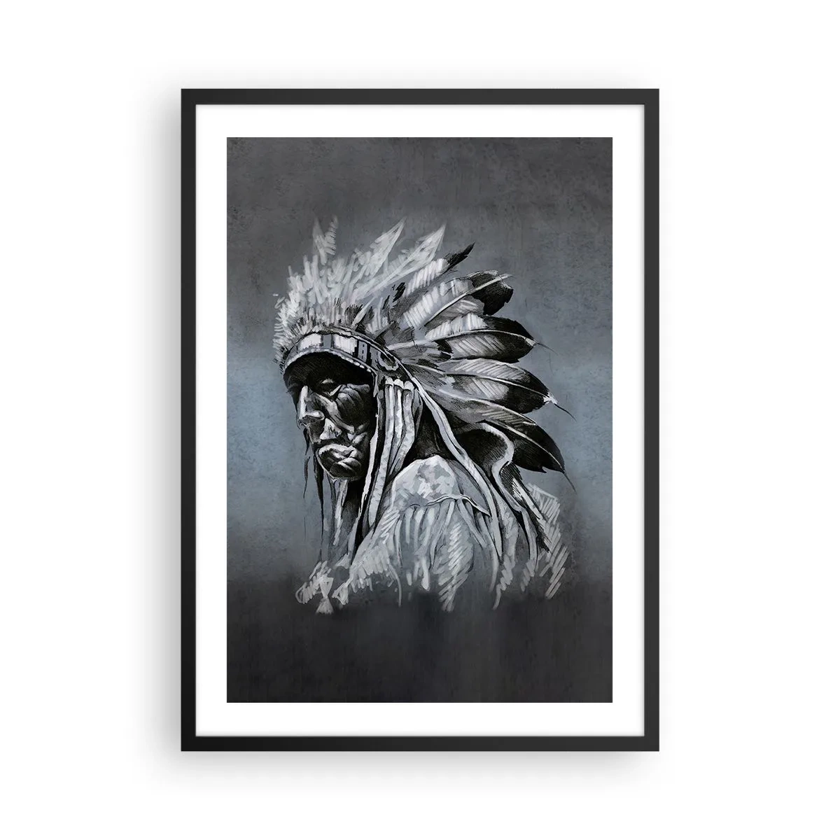 Poster în ramă neagră - Portretul unui șef indian într-o coafură din pene pe un fundal gri - 50x70cm - Înapoi la rădăcini - Decorațiune modernă pentru perete pentru living și dormitor ARTTOR