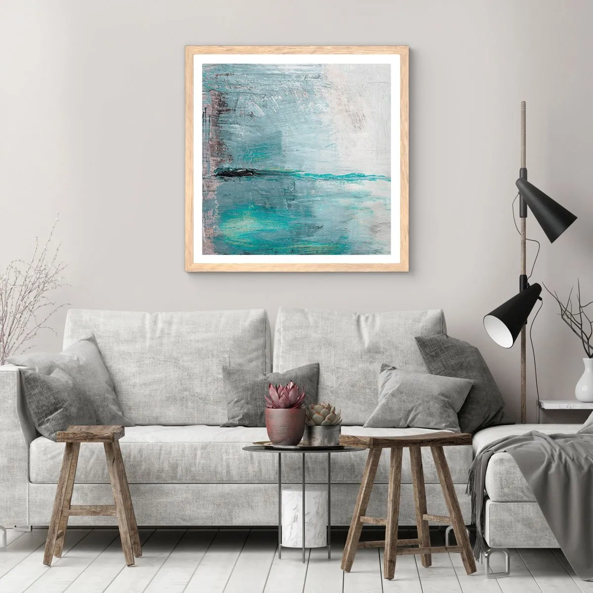 Poster în ramă de stejar deschis - Orizontal în albastru - 60x60 cm