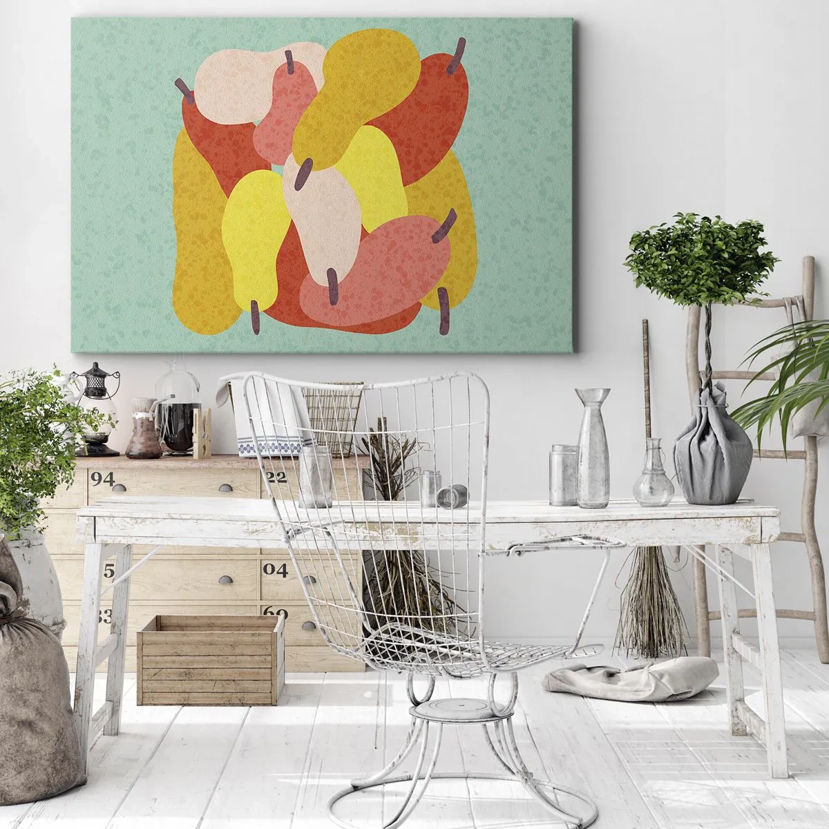 Tablou pe pânză Canvas - Pere abstracte colorate pe un fundal verde - 70x50cm - Gustă soarele de vară - Decorațiune modernă pentru perete pentru living și dormitor ARTTOR