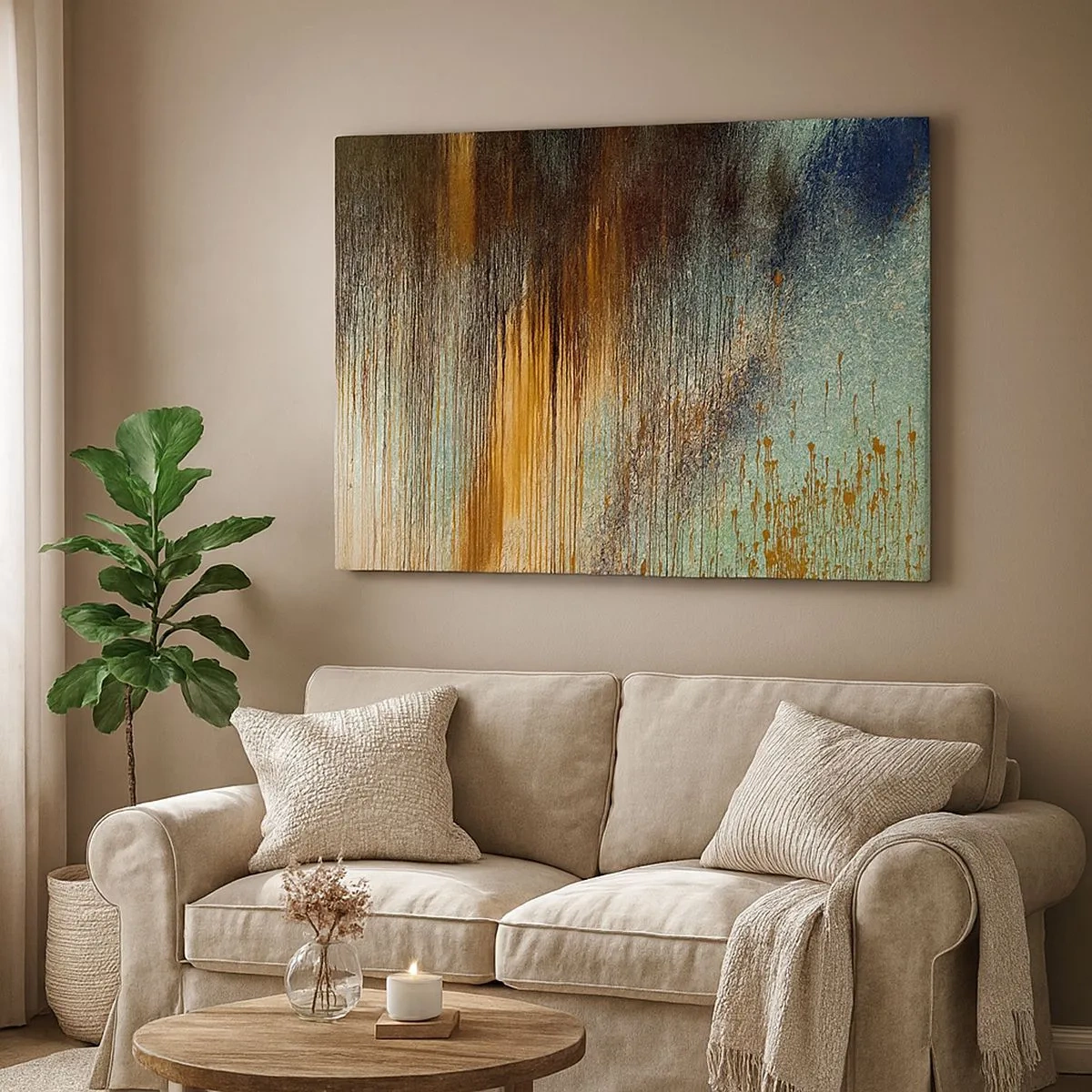 Tablou pe pânză Canvas - O compoziție abstractă de culori în nuanțe de auriu, maro și albastru. - 70x50cm - O compoziție cromatică neaccidentală - Decorațiune modernă pentru perete pentru living și dormitor ARTTOR