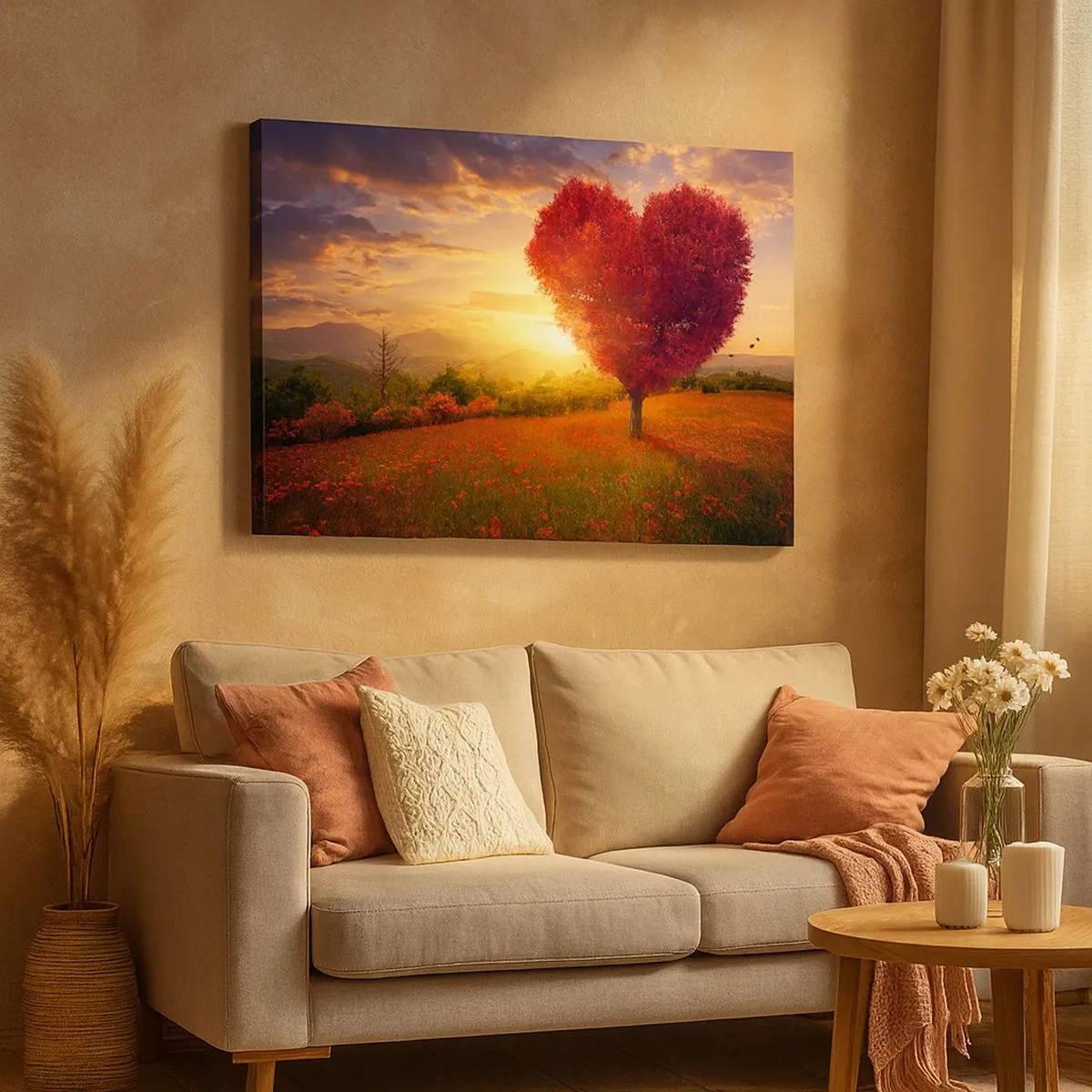 Tablou pe pânză Canvas - Copac în formă de inimă la apus - 70x50cm - Te apucă inima - Decorațiune modernă pentru perete pentru living și dormitor ARTTOR