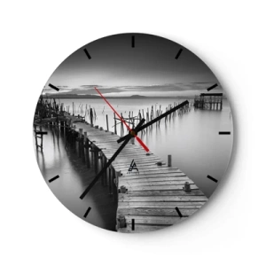 Ceas de perete - Ceas pe sticlă - Un debarcader din lemn alb-negru care duce spre ape calme - 30x30cm - Liniștea unui țărm uitat - Decorațiune modernă pentru perete pentru living, bucătărie și dormitor ARTTOR