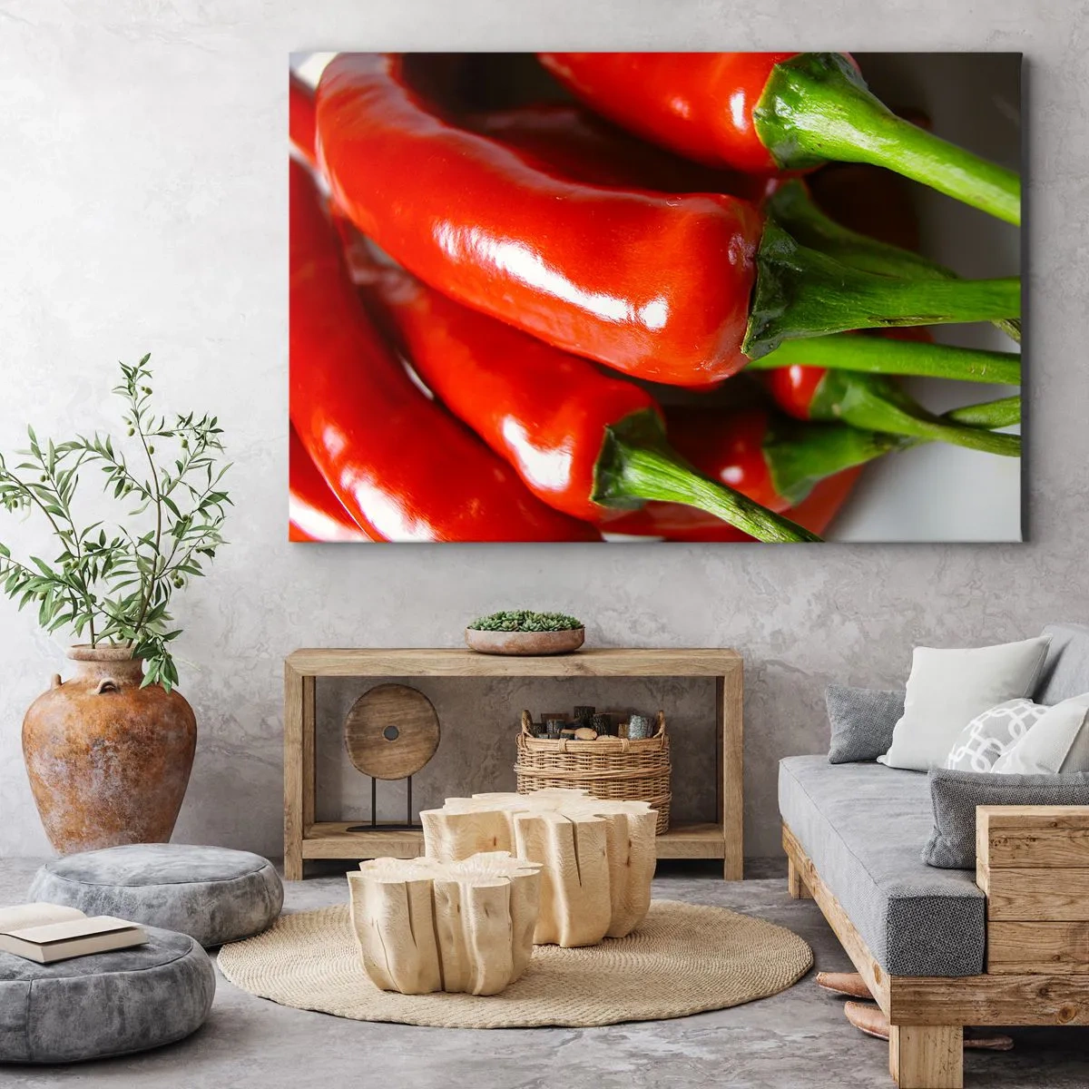 Tablou pe pânză Canvas - Prim-plan cu ardei iute roșii cu tulpini verzi - 70x50cm - Suculent, strălucitor, neted - Decorațiune modernă pentru perete pentru living și dormitor ARTTOR