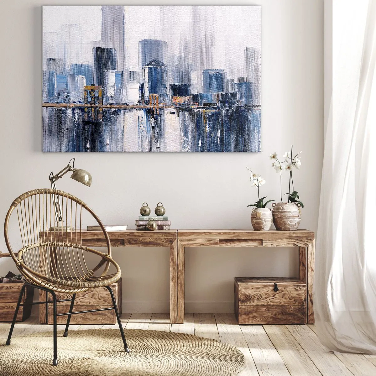 Tablou pe pânză Canvas - Panoramă abstractă a orașului cu nuanțe de albastru și galben - 70x50cm - Impresie de New York - Decorațiune modernă pentru perete pentru living și dormitor ARTTOR