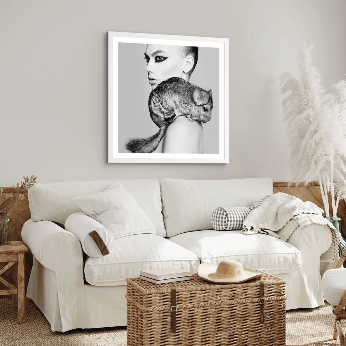 Poster în ramă albă - Dama cu șinșilă - 40x40 cm
