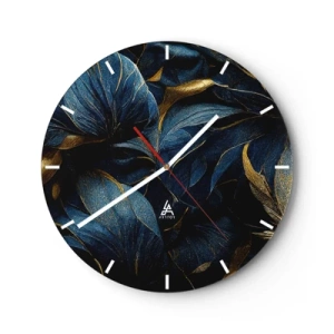 Ceas de perete - Ceas pe sticlă - Flori închise la culoare cu decorațiuni aurii delicate pe petale - 30x30cm - Căptușită cu aur - Decorațiune modernă pentru perete pentru living, bucătărie și dormitor ARTTOR