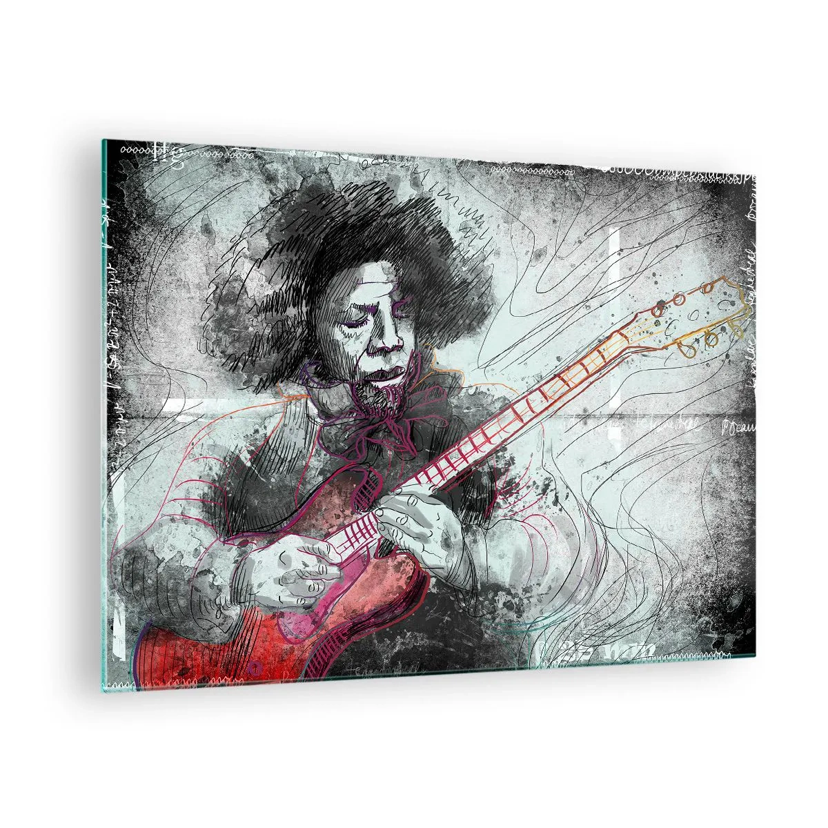 Tablou pe sticlă - Portretul artistic al unui muzician cu o chitară electrică - 70x50cm - Pe valurile muzicii - Decorațiune modernă pentru perete pentru living și dormitor ARTTOR