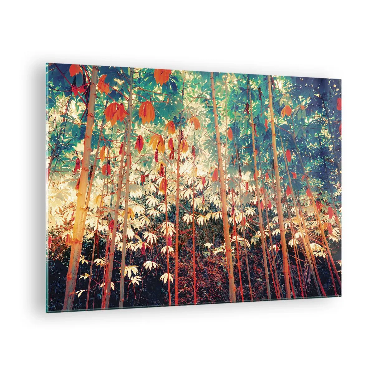 Tablou pe sticlă - Pădure de bambus colorată cu lumină caldă - 70x50cm - Viața secretă a frunzelor - Decorațiune modernă pentru perete pentru living și dormitor ARTTOR