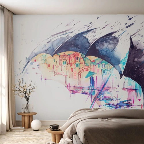 Fototapetă personalizată Premium Canvas - Plimbare în ploaie - Abstracția, Umbrelă, Arhitectură