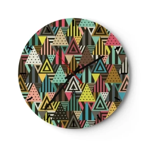 Ceas de perete - Ceas pe sticlă - Triunghiuri colorate într-un model geometric pe un fundal întunecat - 30x30cm - În ritm de trei - Decorațiune modernă pentru perete pentru living, bucătărie și dormitor ARTTOR