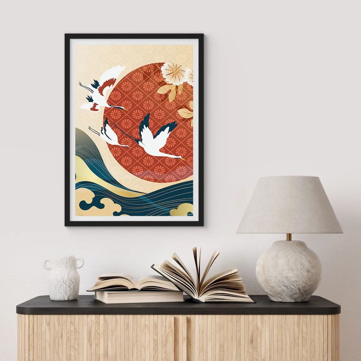 Poster în ramă neagră - Compoziție japoneză cu macarale, valuri și un cerc roșu - 50x70cm - O fabulă japoneză - Decorațiune modernă pentru perete pentru living și dormitor ARTTOR