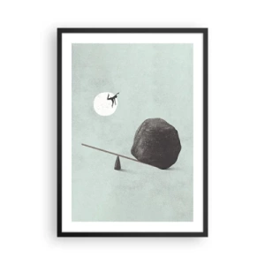 Poster în ramă neagră - O cântar minimalist cu o piatră și o figură pe fundalul lunii - 50x70cm - Visul îndeplinit - Decorațiune modernă pentru perete pentru living și dormitor ARTTOR