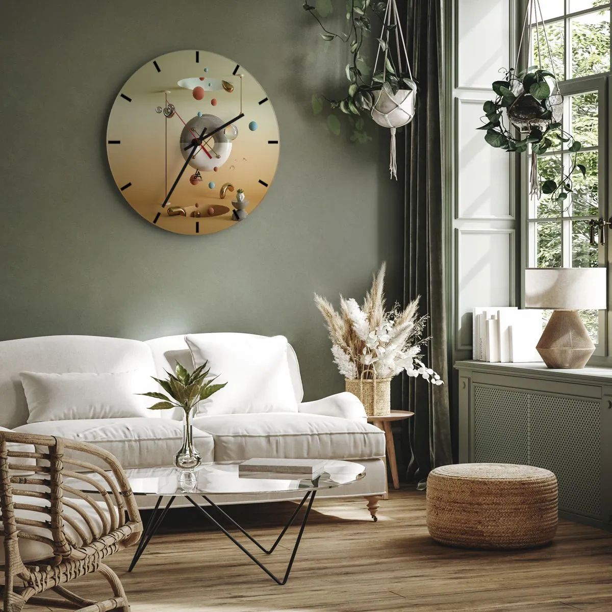 Ceas de perete - Ceas pe sticlă - Compoziție abstractă cu sfere și forme geometrice - 30x30cm - Orice se poate întâmpla - Decorațiune modernă pentru perete pentru living, bucătărie și dormitor ARTTOR