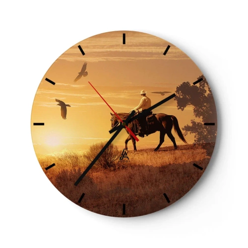 Ceas de perete - Ceas pe sticlă - Cowboy călare la apus - 30x30cm - Singur peste prerie - Decorațiune modernă pentru perete pentru living, bucătărie și dormitor ARTTOR