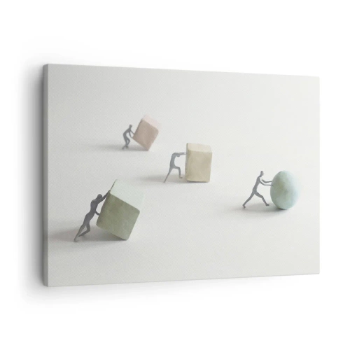 Tablou pe pânză Canvas - Figurine miniaturale împingând forme pe un fundal luminos - 70x50cm - Viața însăși - Decorațiune modernă pentru perete pentru living și dormitor ARTTOR