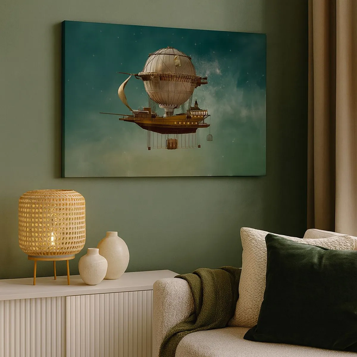 Tablou pe pânză Canvas - Un dirijabil fantastic pe fundalul cerului verzui - 70x50cm - Jules Verne vă transmite salutări - Decorațiune modernă pentru perete pentru living și dormitor ARTTOR