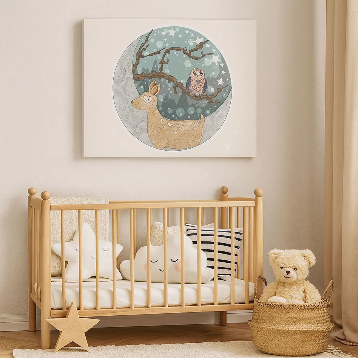 Tablou pe pânză Canvas - O căprioară și o bufniță într-un peisaj nocturn de basm - 70x50cm - O noapte în pădure de poveste - Decorațiune modernă pentru perete pentru living și dormitor ARTTOR