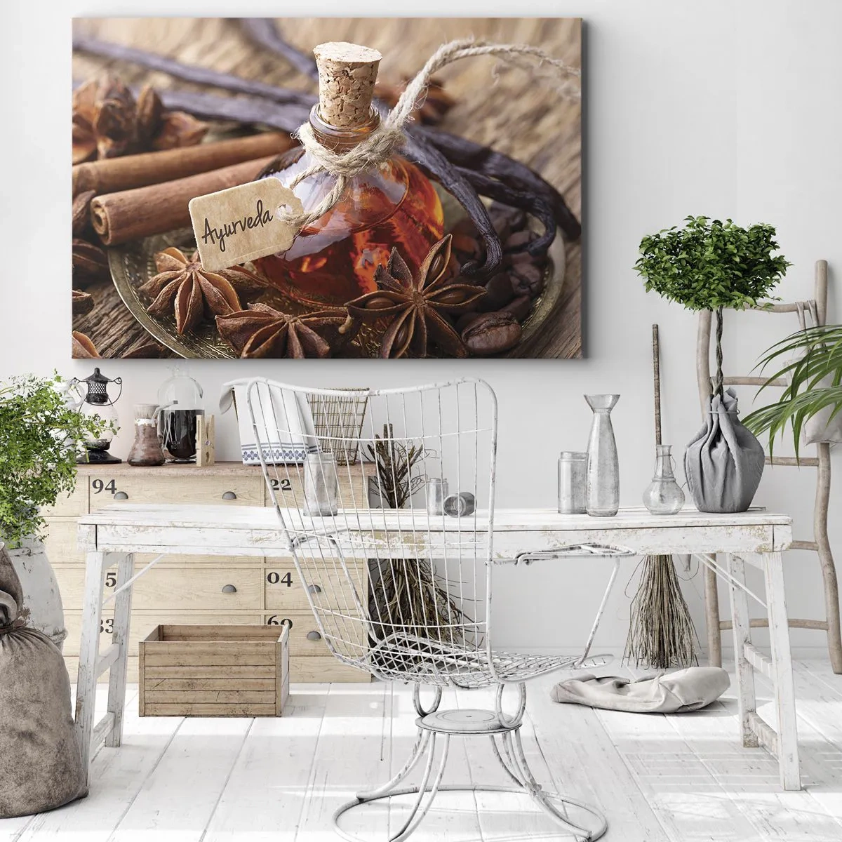 Tablou pe pânză Canvas - O sticlă de ulei de condimente pe o tavă - 70x50cm - Unitatea trupului și a spiritului - Decorațiune modernă pentru perete pentru living și dormitor ARTTOR