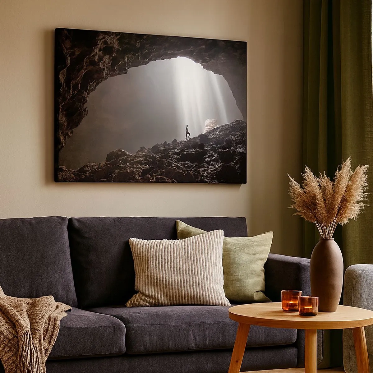Tablou pe pânză Canvas - figură într-o peșteră iluminată de raze de lumină - 70x50cm - Grota luminoasă - Decorațiune modernă pentru perete pentru living și dormitor ARTTOR