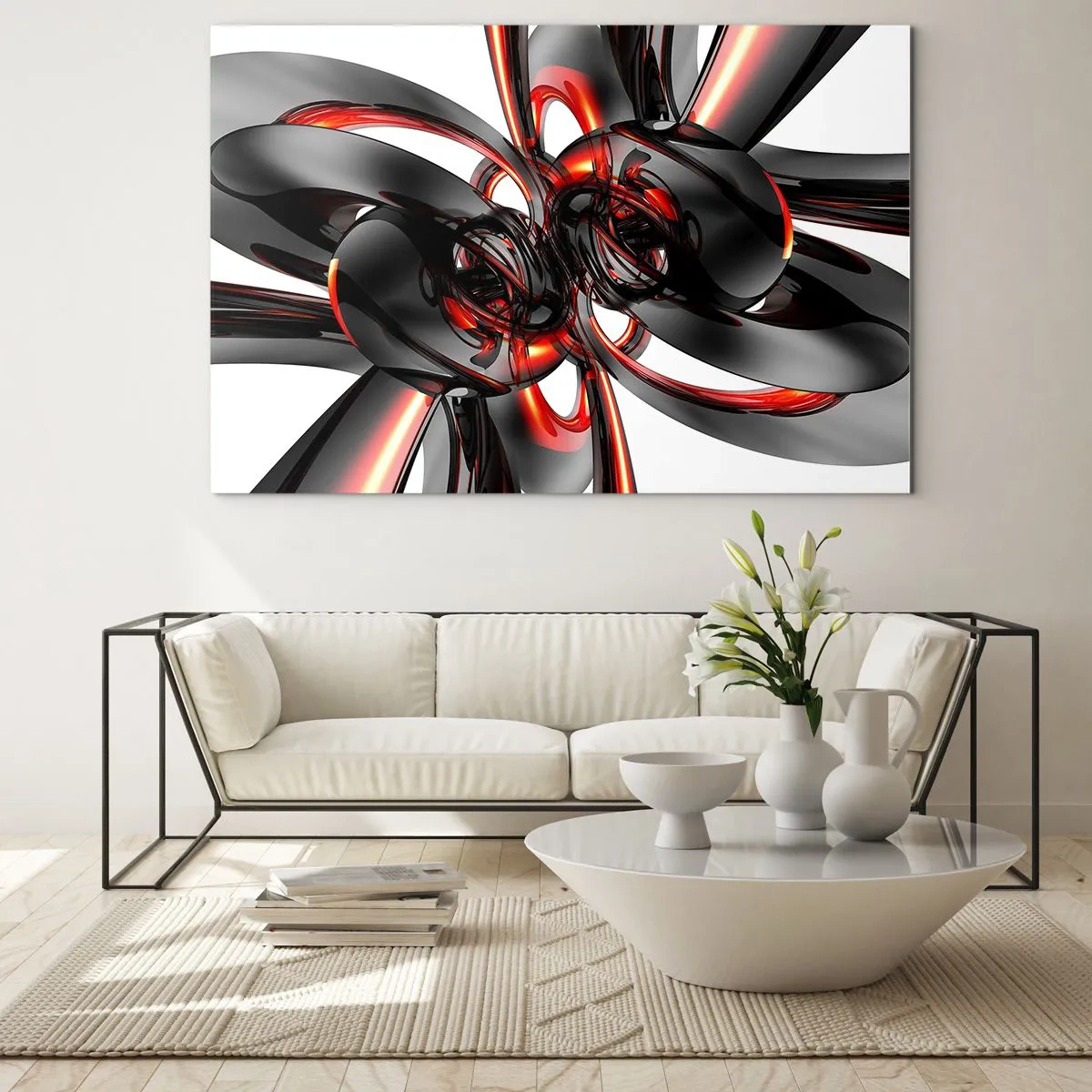 Tablou pe sticlă - Abstracție modernă în negru și roșu - 70x50cm - Mișcare în grafit și roșu - Decorațiune modernă pentru perete pentru living și dormitor ARTTOR