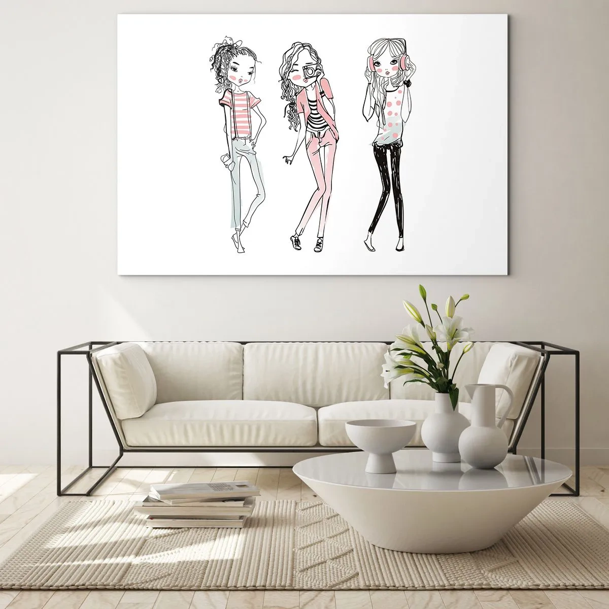 Tablou pe sticlă - Trei fete elegante în culori pastelate - 70x50cm - Hai la distracție - Decorațiune modernă pentru perete pentru living și dormitor ARTTOR