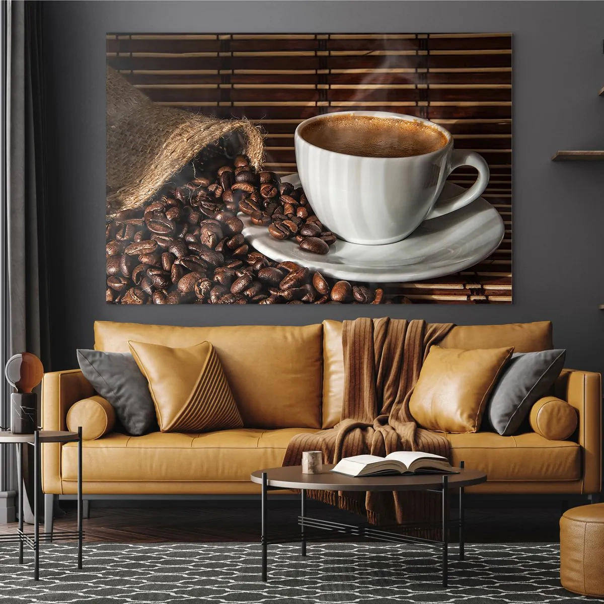 Tablou pe sticlă - O ceașcă de cafea cu boabe pe un fundal rustic - 70x50cm - Negru de cărbune, transparență de chihlimbar - Decorațiune modernă pentru perete pentru living și dormitor ARTTOR