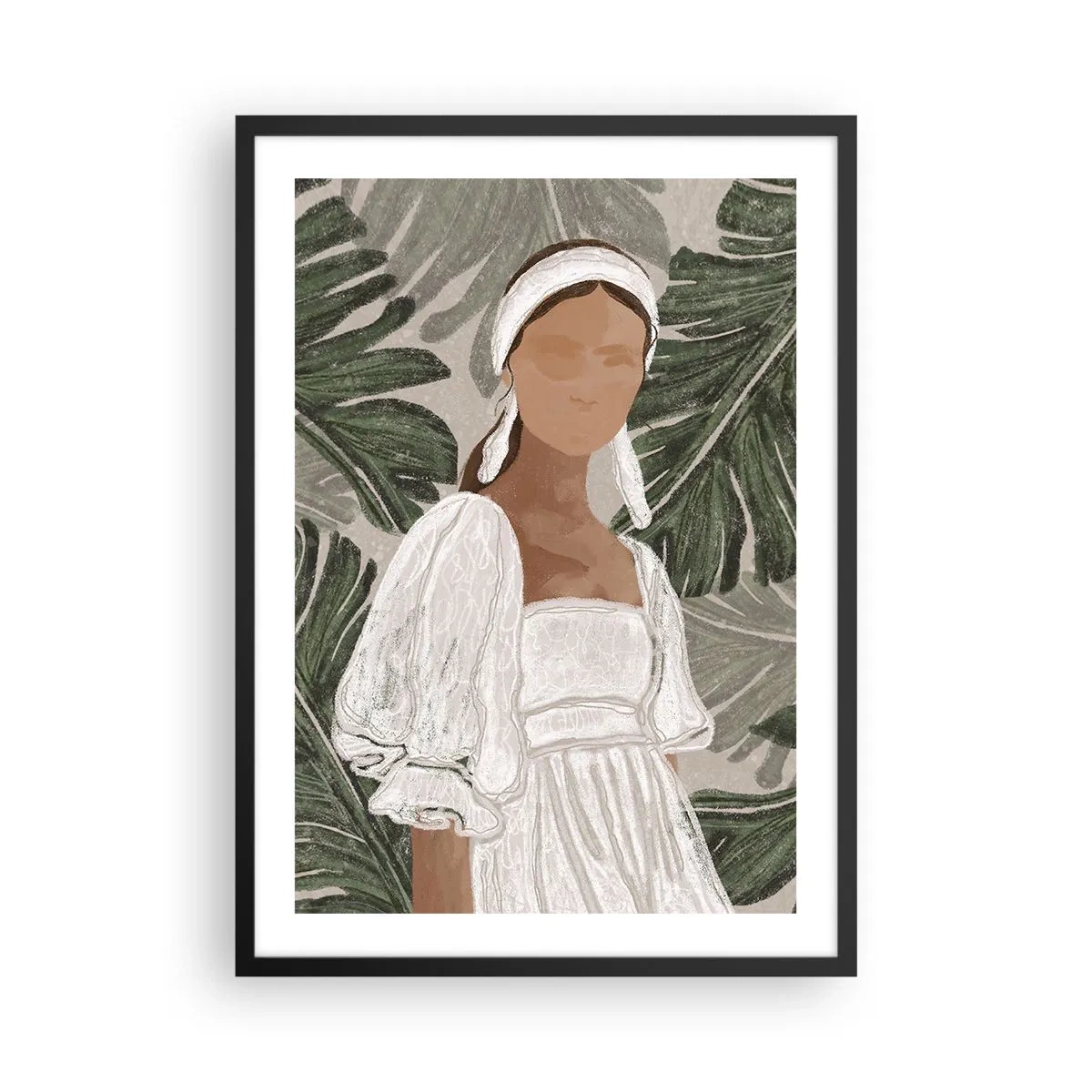 Poster în ramă neagră - O femeie într-o rochie albă pe un fundal de frunze verzi - 50x70cm - Portret exotic - Decorațiune modernă pentru perete pentru living și dormitor ARTTOR