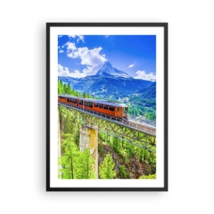 Poster în ramă neagră - Un tren pe un pod din Alpi cu vedere spre Matterhorn - 50x70cm - Calea ferată din Alpi - Decorațiune modernă pentru perete pentru living și dormitor ARTTOR