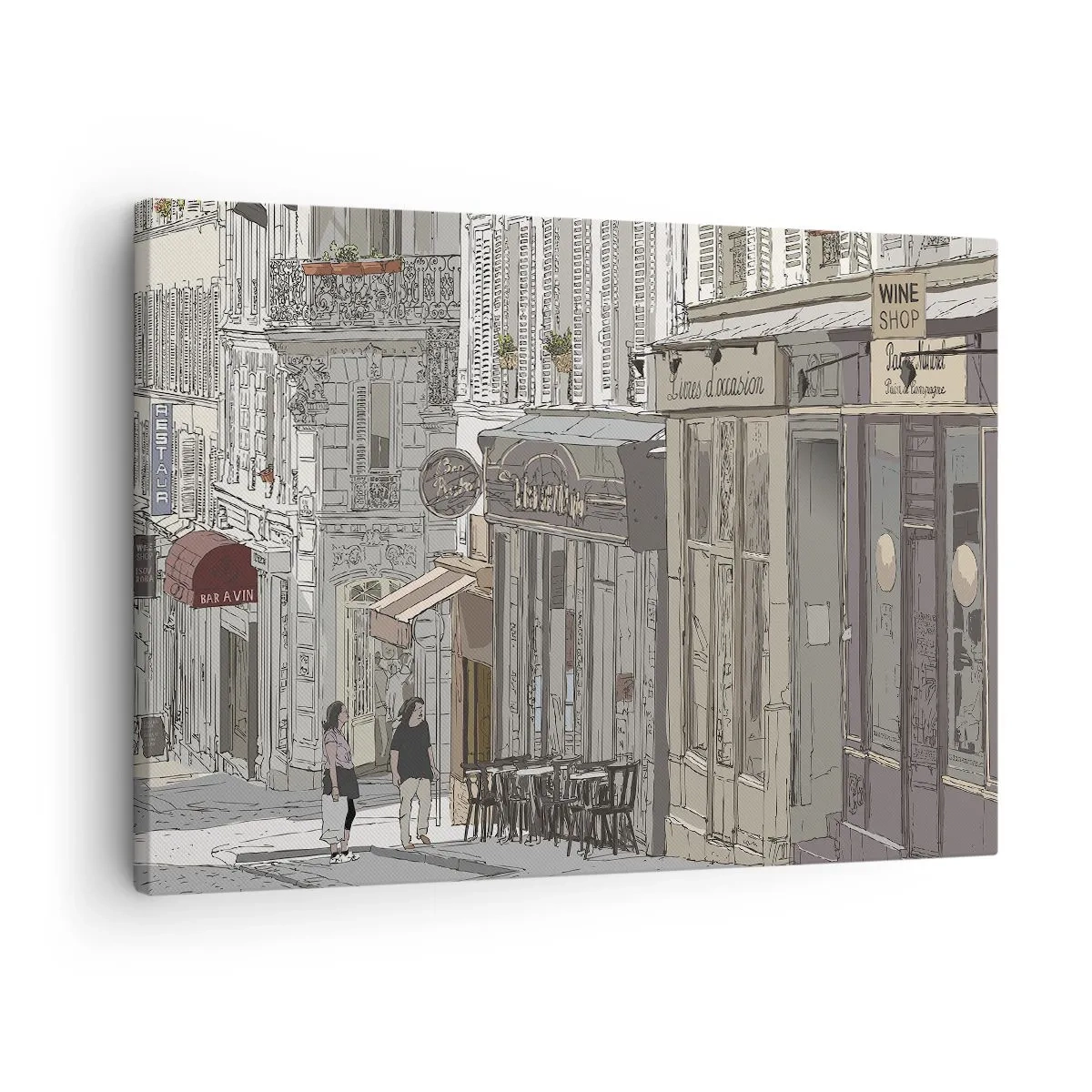Tablou pe pânză Canvas - Ilustrație a unei străzi de oraș cu cafenele și magazine - 70x50cm - Bucurii urbane - Decorațiune modernă pentru perete pentru living și dormitor ARTTOR