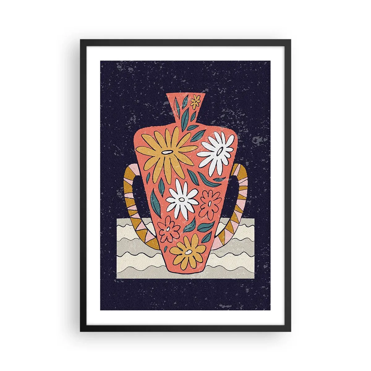 Poster în ramă neagră - O vază colorată cu model floral pe un fundal închis - 50x70cm - Ulcior pictat - Decorațiune modernă pentru perete pentru living și dormitor ARTTOR