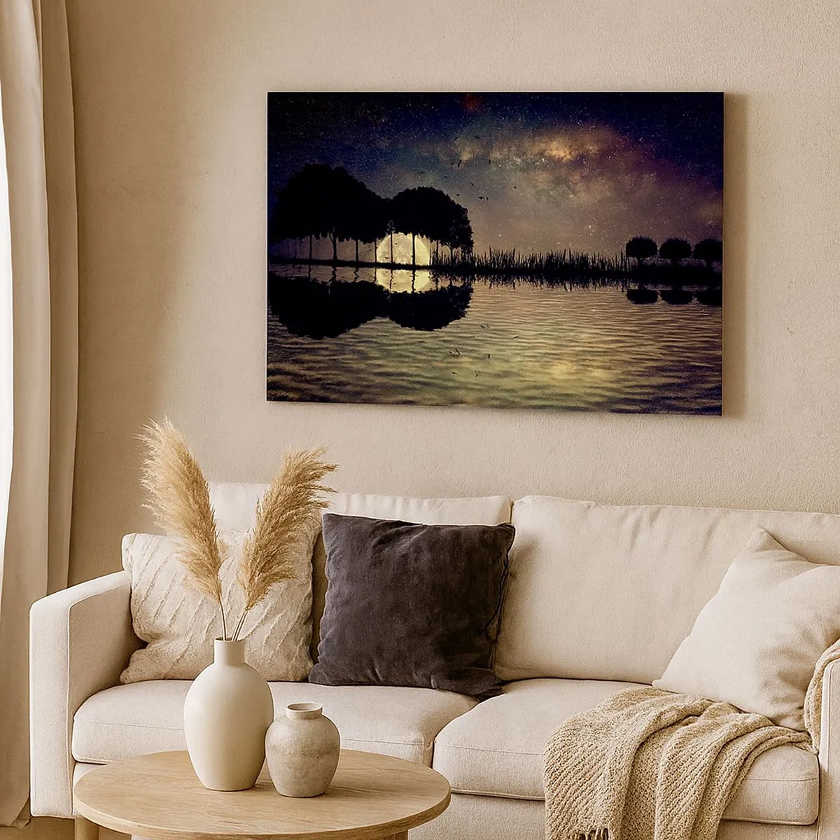 Tablou pe pânză Canvas - O noapte magică cu copaci și lună reflectată pe apă - 70x50cm - O noapte la capătul lumii - Decorațiune modernă pentru perete pentru living și dormitor ARTTOR
