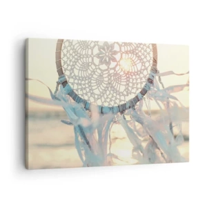 Tablou pe pânză Canvas - Un delicat captator de vise pe fundalul soarelui care apune - 70x50cm - Totem de dantelă - Decorațiune modernă pentru perete pentru living și dormitor ARTTOR