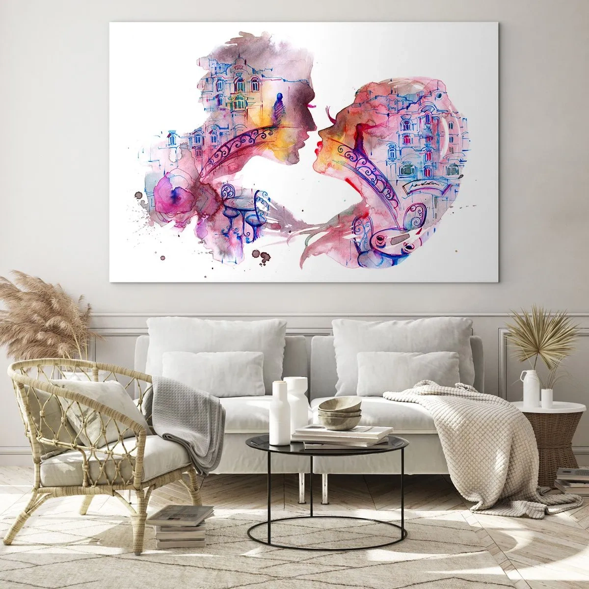 Tablou pe sticlă - Ilustrație a unui portret abstract a două persoane în formă de inimă - 70x50cm - Podul secret al suspinelor - Decorațiune modernă pentru perete pentru living și dormitor ARTTOR