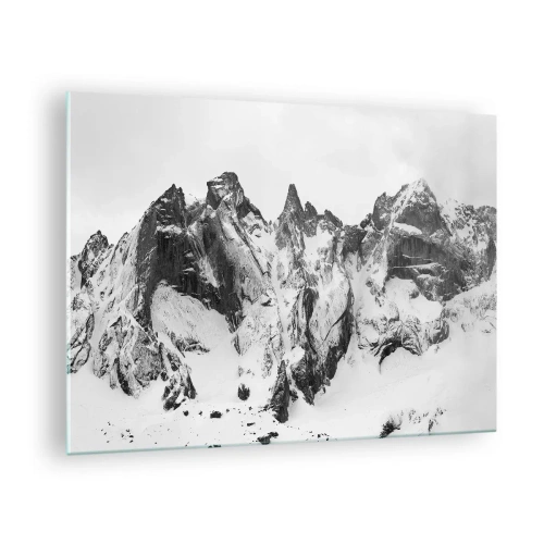 Tablou pe sticlă - Vârfuri de munte acoperite de zăpadă în alb și negru - 70x50cm - Amenințarea crestei de granit - Decorațiune modernă pentru perete pentru living și dormitor ARTTOR