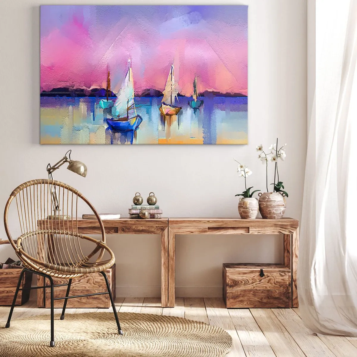 Tablou pe pânză Canvas - Bărci cu pânze pe o mare calmă în culorile pastelate ale apusului - 70x50cm - Direcția: ape largi - Decorațiune modernă pentru perete pentru living și dormitor ARTTOR