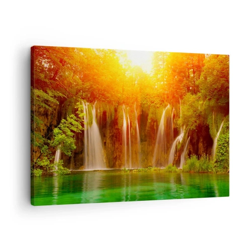 Tablou pe pânză Canvas - Cascade înconjurate de verdeață în strălucirea soarelui care apune - 70x50cm - La soare și la umbră - Decorațiune modernă pentru perete pentru living și dormitor ARTTOR