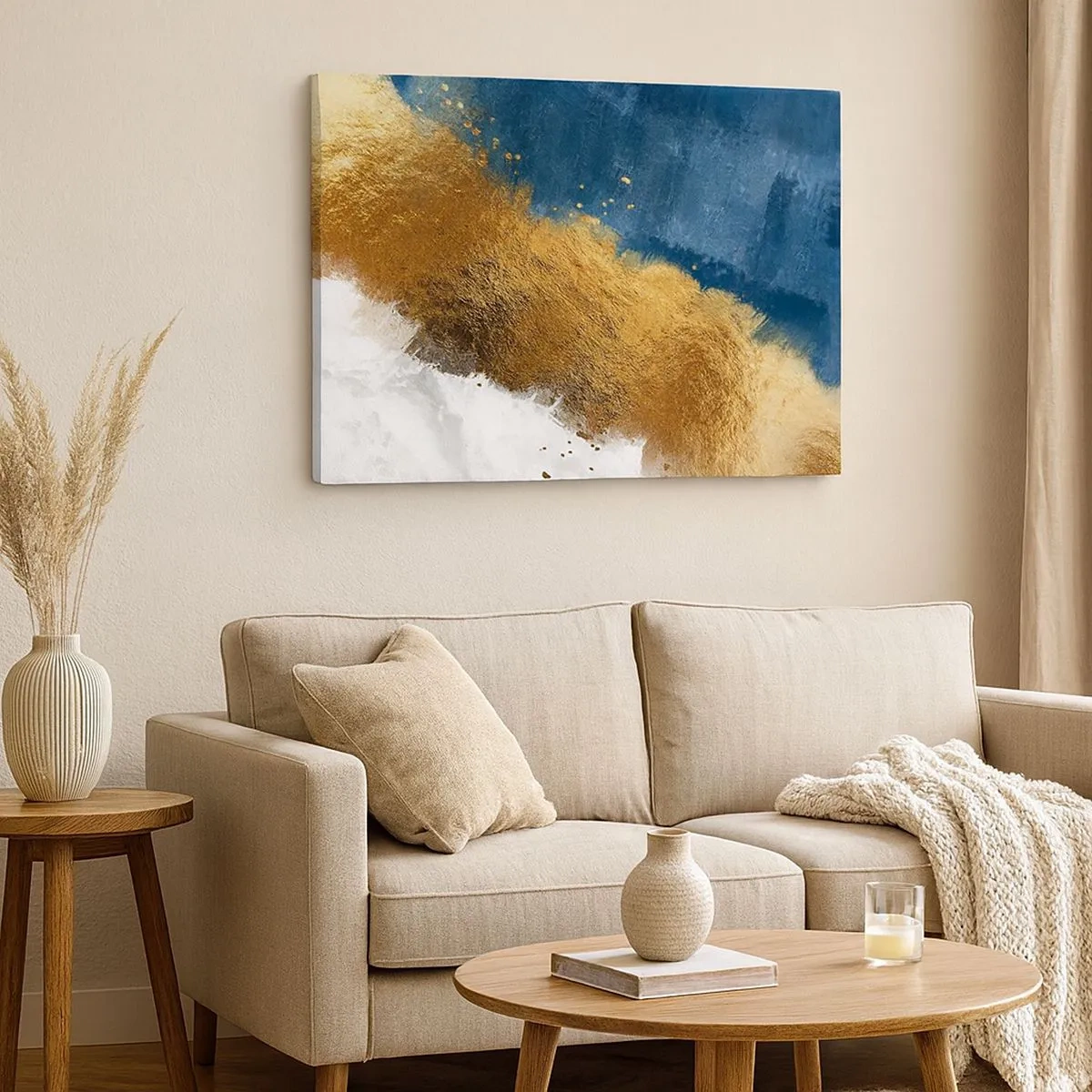 Tablou pe pânză Canvas - O compoziție abstractă în nuanțe de auriu, albastru și alb. - 70x50cm - Culorile verii - Decorațiune modernă pentru perete pentru living și dormitor ARTTOR
